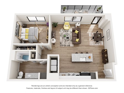Floor plan for 1 bed, 1 bath, 905 sqft